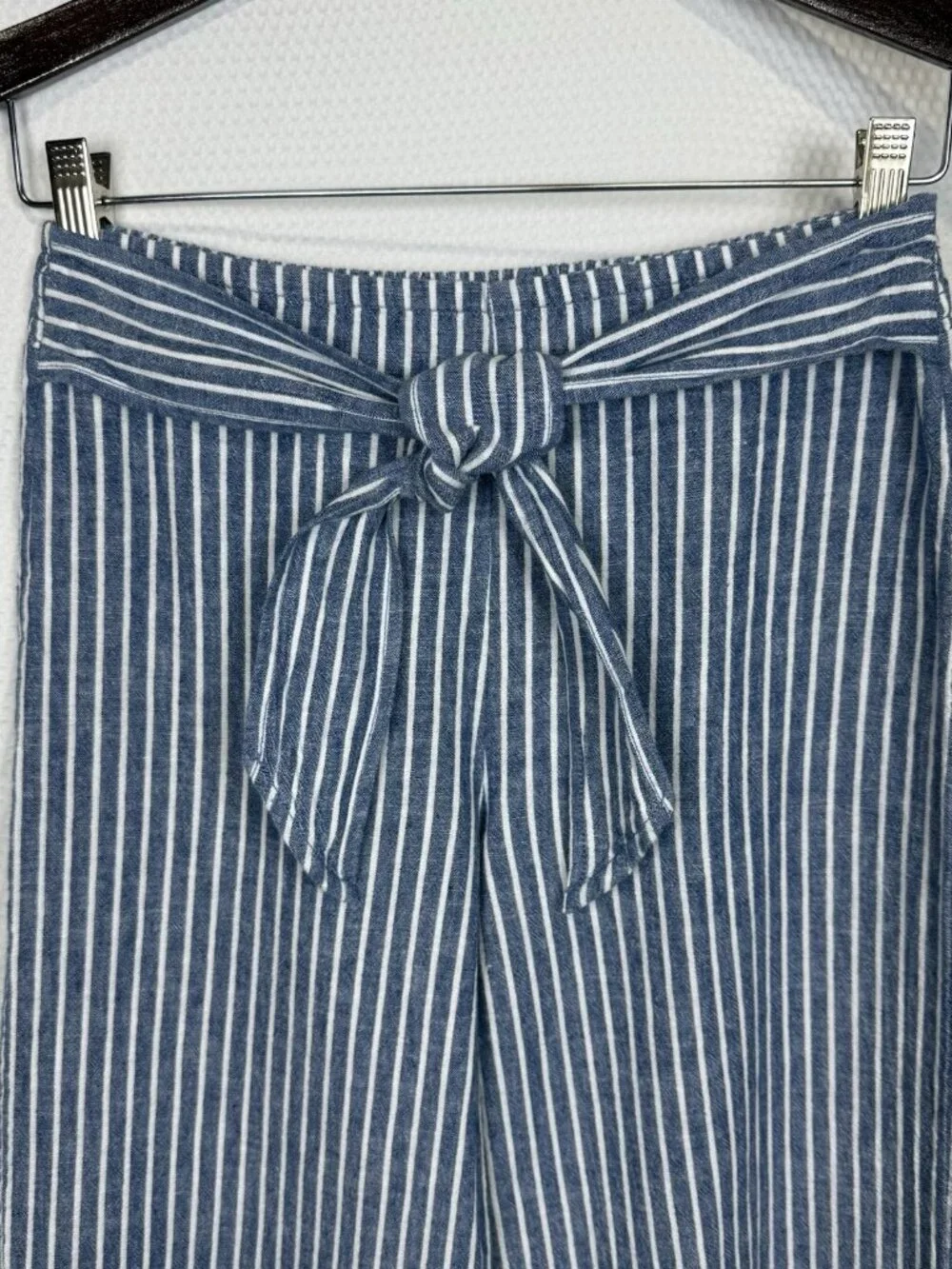 Beach Lunch Lounge Pants Sz Extra Small Linen Blend Striped Blue White Tie Waist - Picture 2 of 14
